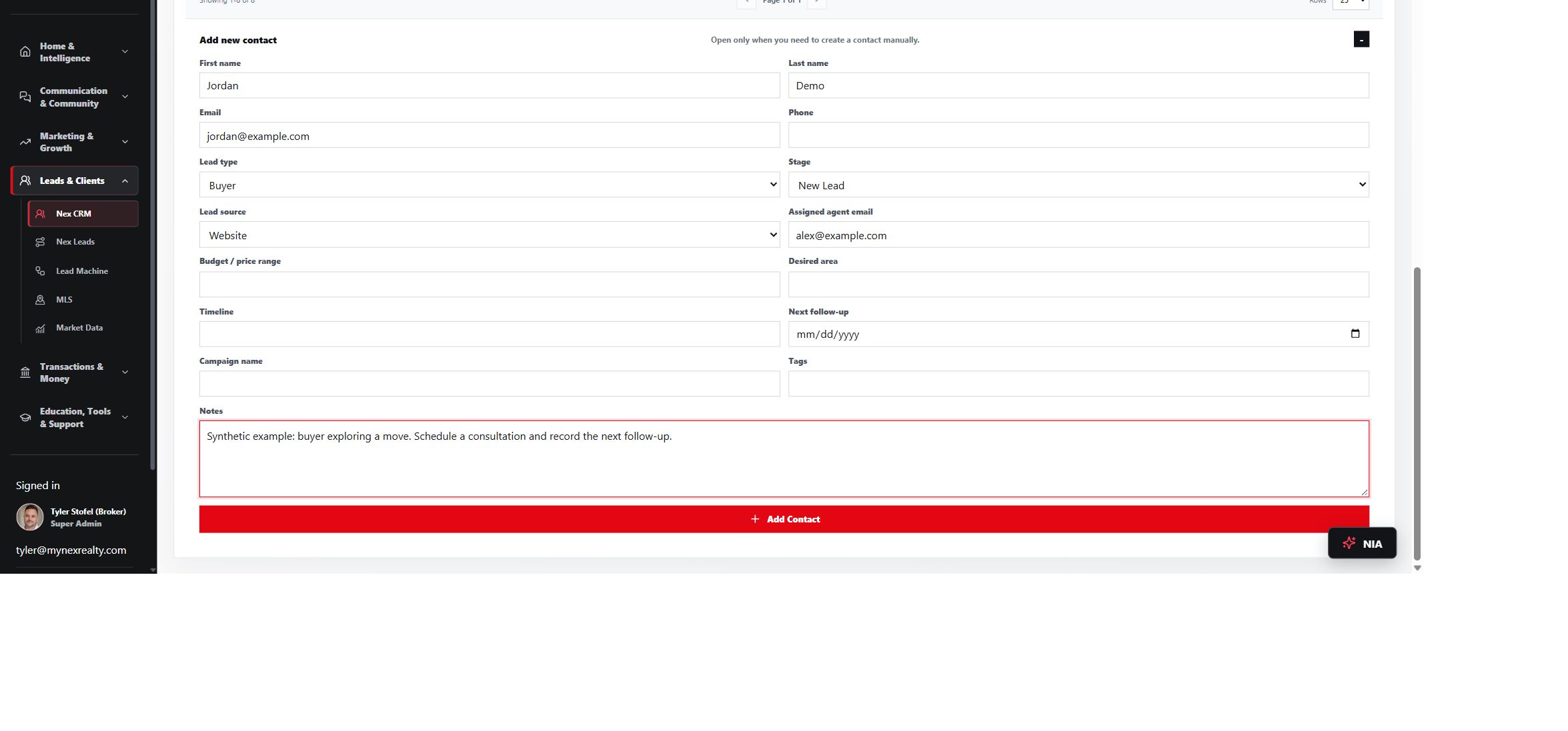 Actual NEX CRM lead-entry screen with an unsaved synthetic example.