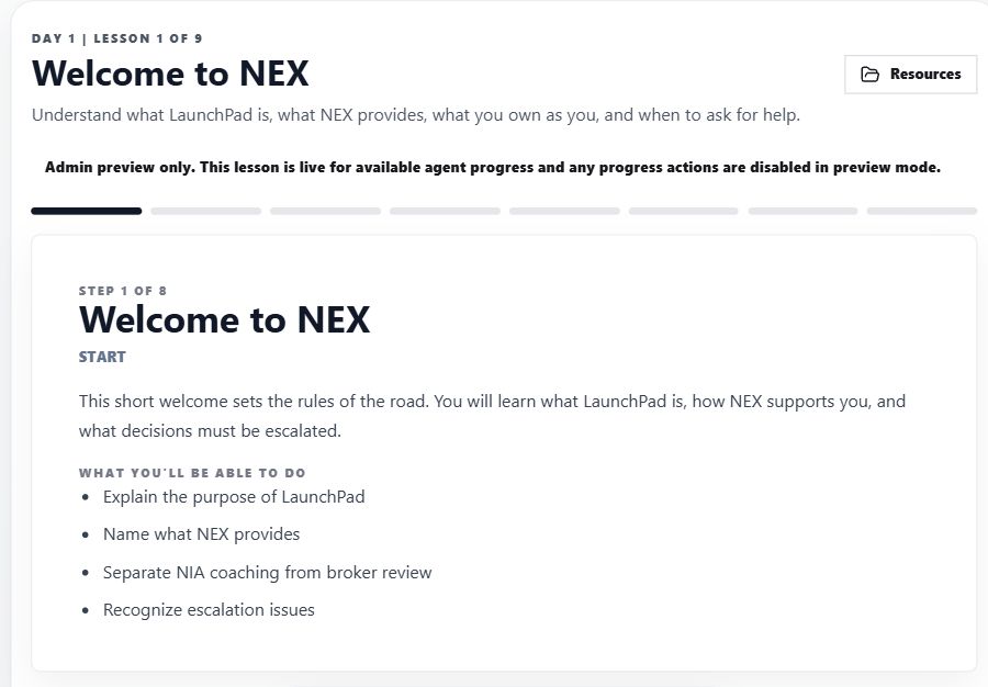 Actual NEX LaunchPad lesson showing learning objectives and step-by-step navigation