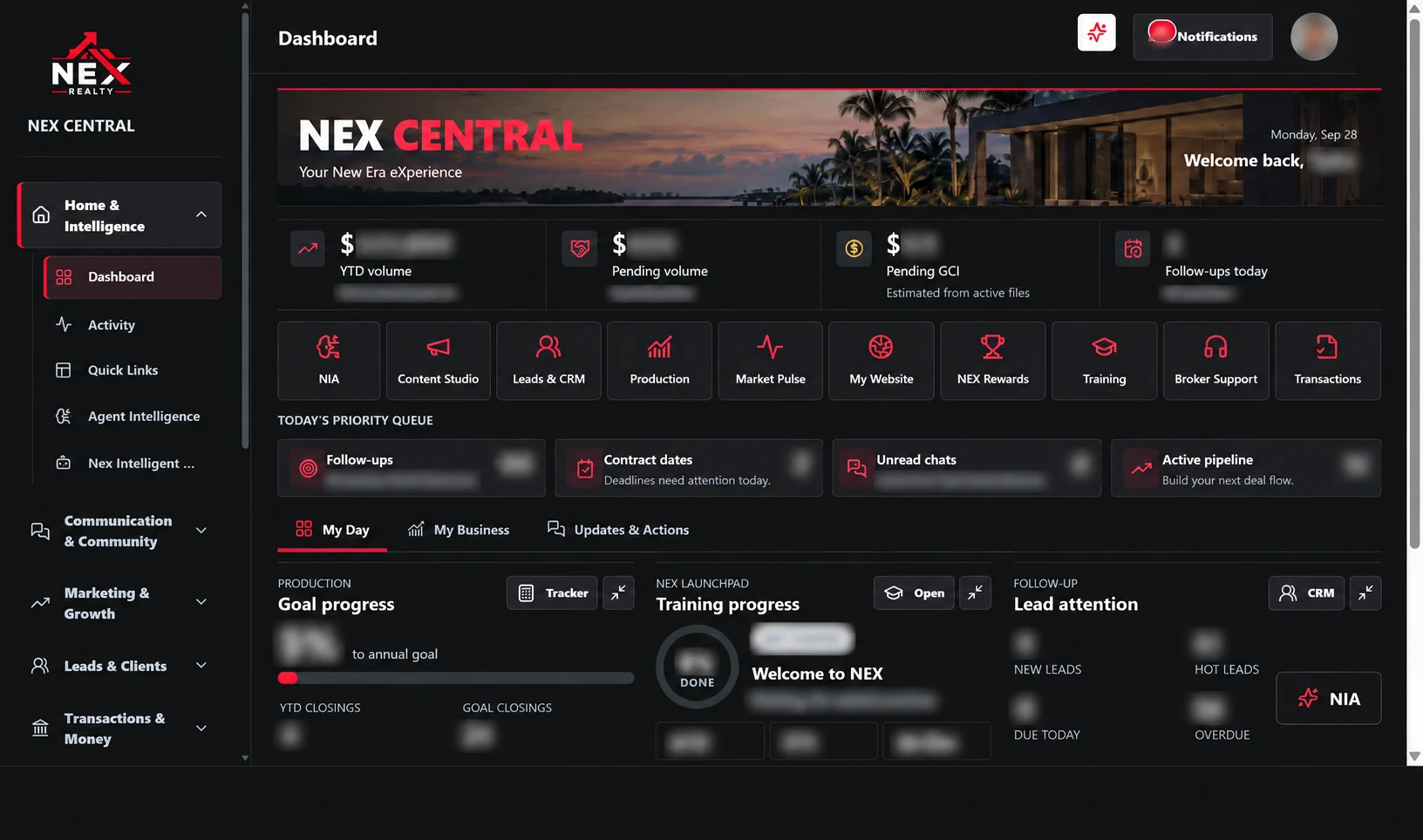 Existing NEX Central capture. Private activity is obscured.